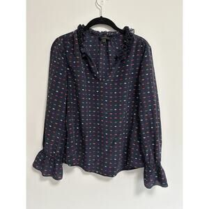 Jcrew 100% Silk Blouse Top Ruffle Navy Lips Long Sleeve Women's Size 6 Split